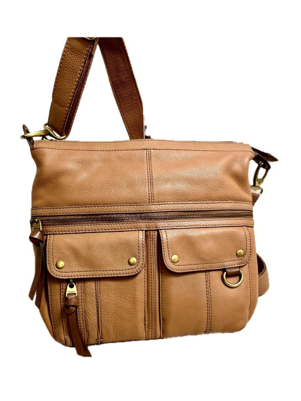 Fossil Morgan Traveler Large Tan Leather Crossbody Messenger Bag